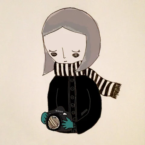 Illustration of Allison Lal holding a camera, drawn by Channa